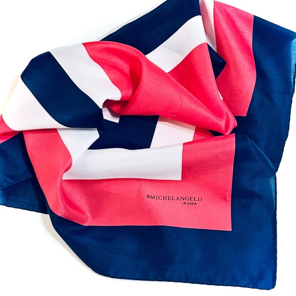 MICHELANGELO ROMA VINTAGE SCARF CLASSIC GEOMETRIC STYLE—NAVY FUCHSIA & PINK 🇮🇹 - Picture 11 of 14